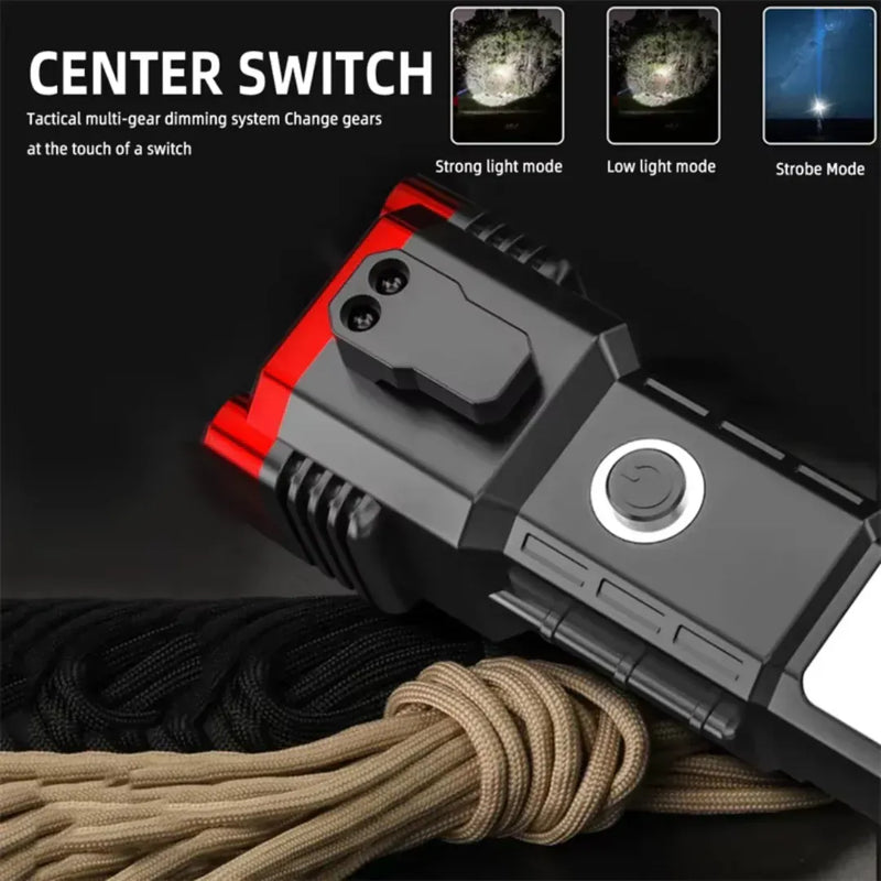 High Power LED Torch Light Rechargeable Flashlight – Multi Functional Emergency Tool With Power Bank, Window Hammer, And Bright Illumination
